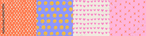 Retro hand drawn groovy seamless patterns set. Kiddy vintage aesthetic backgrounds set. Funky, trippy, psychedelic, heart, hippie, 60s, 70s, distorted rough pattern. Vector illustration.