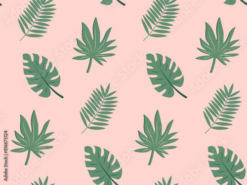 Seamless pattern with tropical leaf  monstera  twig. Exotic floral pattern for design and textile. Summer background in pastel color.