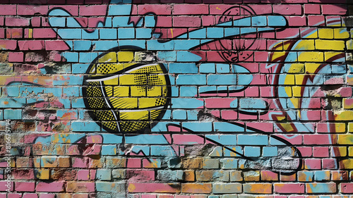 Pop art comic street graffiti with tennis on brick wall. Retro poster concept. Tennis tournament background