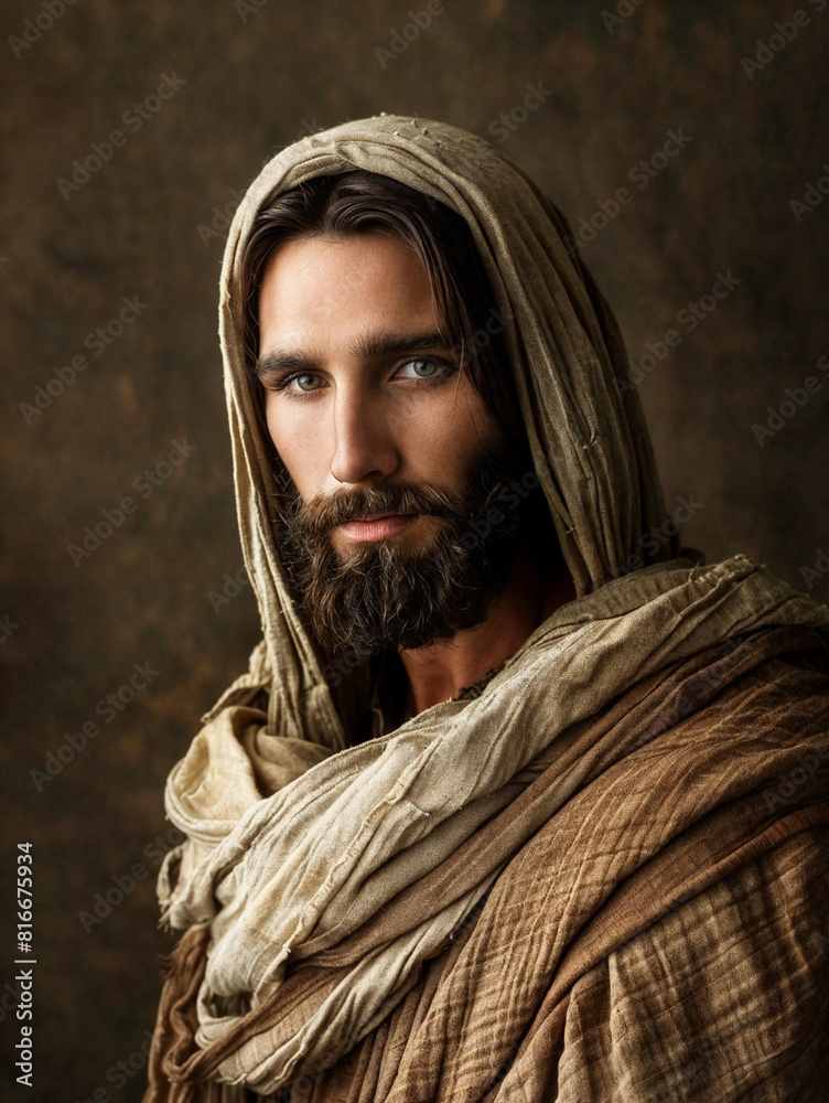 A man who resembles Jesus against a plain dark background. A contemporary understanding of Christianity. Belief in God.