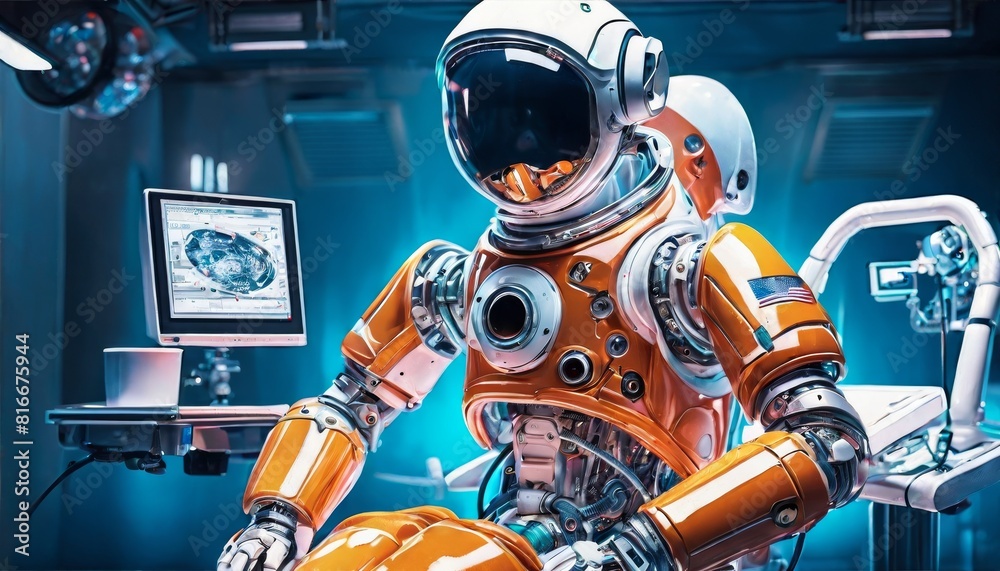 A highly advanced humanoid robot stands in a laboratory setting, hinting at the future of robotics and artificial intelligence in medicine.. AI Generation A highly advanced humanoid robot stands in a laboratory setting, hinting at the future of robotics and artificial intelligence in medicine.. AI Generation