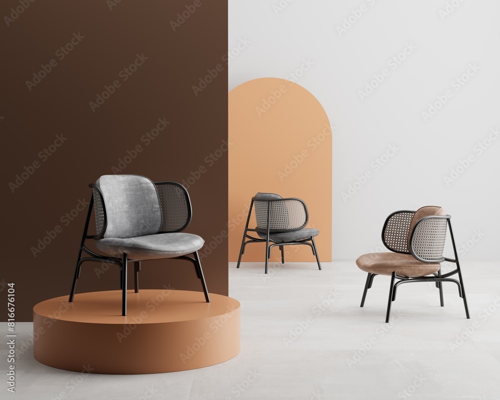 Obraz premium 3d render armchairs in minimal interior .Seating arrangement with Pedestal and wall 