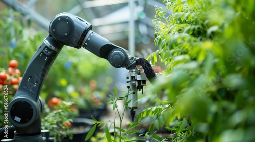 High-resolution close-up of a robot arm in a laboratory greenhouse, focusing on robotic harvesting techniques, clear and sharp for advertising