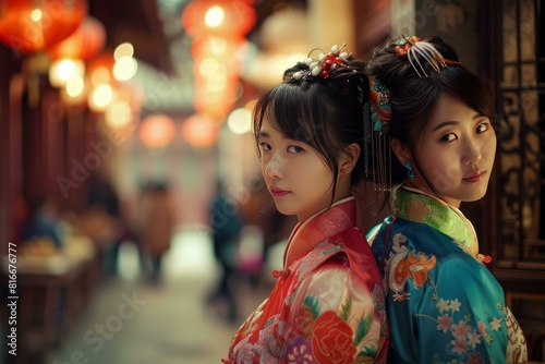 Two women adorned in colorful hanfu dresses, capturing historical chinese fashion
