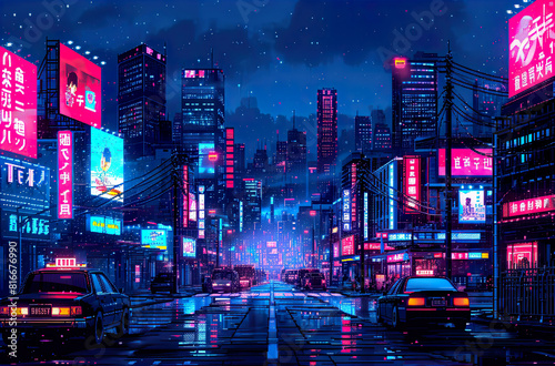 Pixel Art Illustration of a Cyberpunk Cityscape at Night with Skyscrapers, Neon Lights, Billboards, Cars. Retro Video Game Pixelart City. Sci-Fi art. 