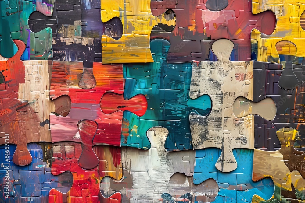 Colorful jigsaw puzzle pieces arranged on a wall, forming a vibrant ...