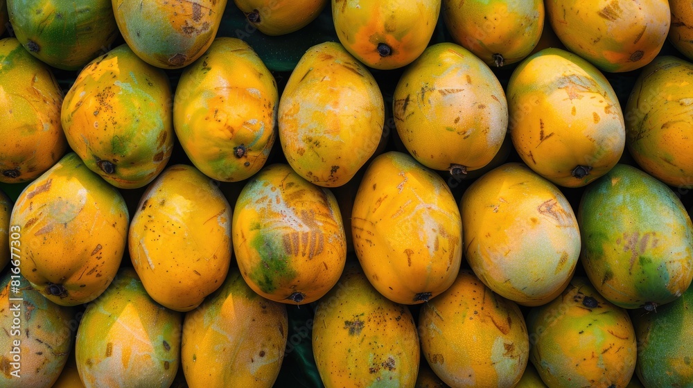 A stack of ripe yellow mangoes at the fruit market serving as a textured background A stack of ripe yellow mangoes at the fruit market serving as a textured background