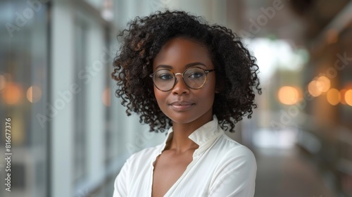 A woman with curly hair and glasses is standing in a hallway