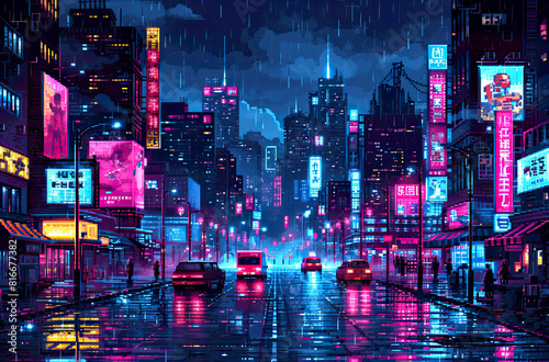 Pixel Art Illustration of a Cyberpunk Cityscape at Night with Skyscrapers, Neon Lights, Billboards, Cars. Retro Video Game Pixelart City. Sci-Fi art. 