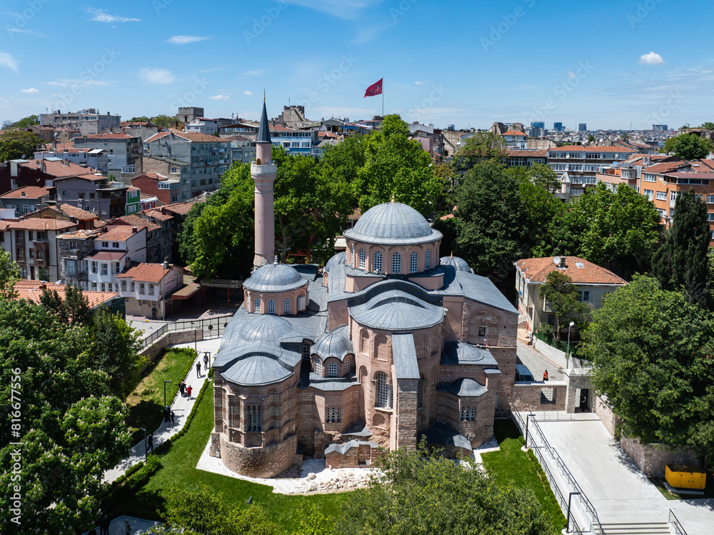Fototapeta premium Renovated Kariye Mosque (Kariye Cami) and Museum Drone Photo, Edirnekapı Fatih, Istanbul Turkiye (Turkey)