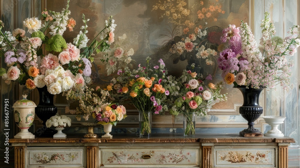 Elegantly Arranged Flower Arrangements on a Dresser Interior