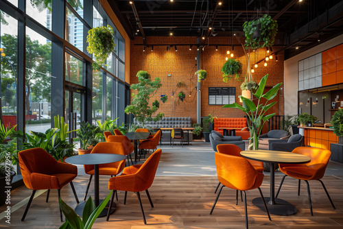 Modern urban co-working space with exposed brick wall, hanging green plants, and orange chairs, offering a vibrant working environment. AI Generated