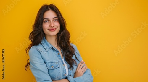 Woman Smiling in Denim Jacket photo