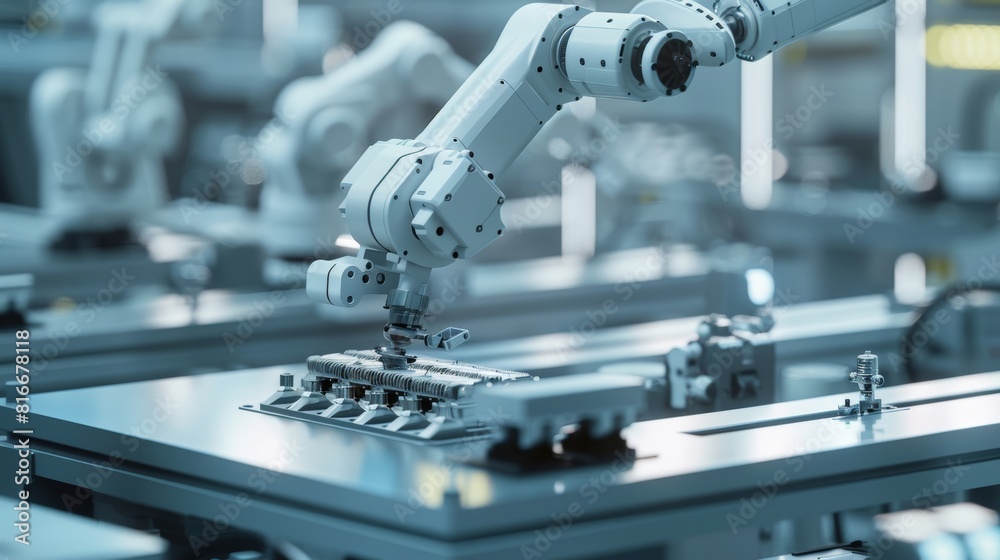 High-detail illustration of a robotic arm engaged in precise component assembly, emphasizing clarity and advanced technology in a factory setting High-detail illustration of a robotic arm engaged in precise component assembly, emphasizing clarity and advanced technology in a factory setting