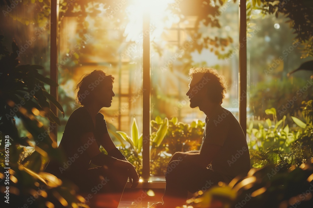 Two individuals sit in silhouette against a sunset backdrop, engaging in a therapeutic conversation within a lush indoor garden, highlighting mental health support AI Generated. Two individuals sit in silhouette against a sunset backdrop, engaging in a therapeutic conversation within a lush indoor garden, highlighting mental health support AI Generated.