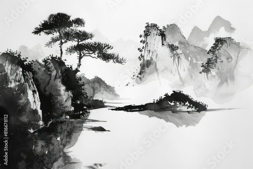 Monochrome chinese ink painting depicting serene mountains, trees, and water reflections