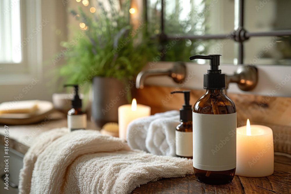 Warm, rustic bathroom corner with natural skincare and lit candles for ambiance. AI Generated. Warm, rustic bathroom corner with natural skincare and lit candles for ambiance. AI Generated.