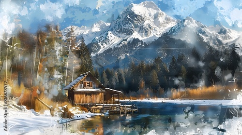A tranquil landscape painting depicting a mountainous lakeside scene with a cozy cabin, rendered in vibrant impressionistic brush strokes.