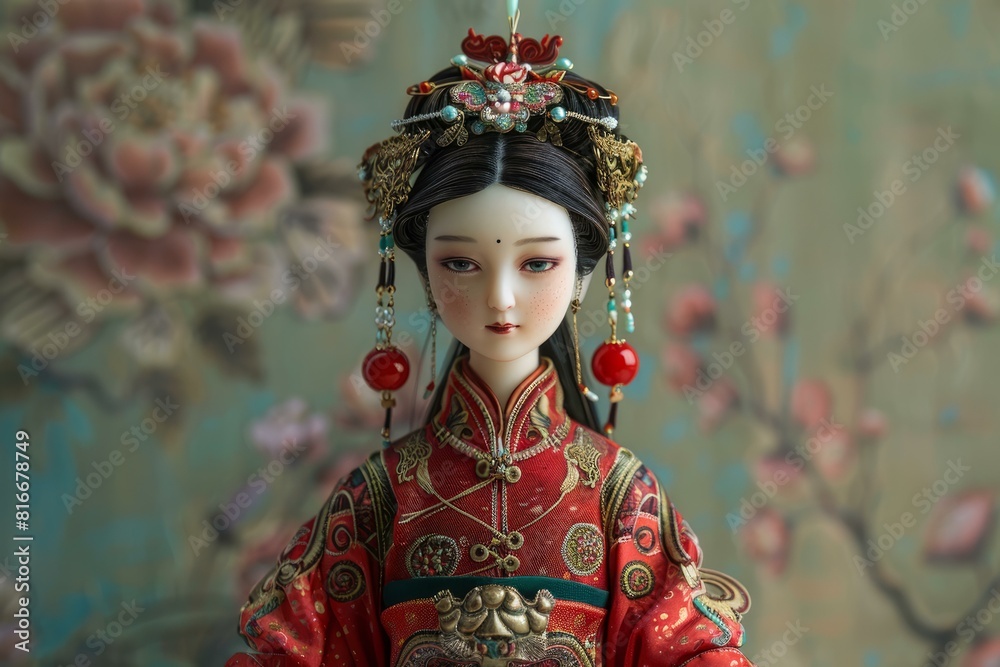 Fototapeta premium Exquisite doll in traditional asian bridal attire posing with detailed craftsmanship and vibrant colors