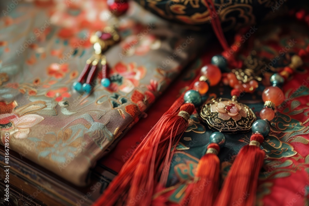 Fototapeta premium Closeup of intricate oriental embroidery with elegant tassels and vintage jewelry piece