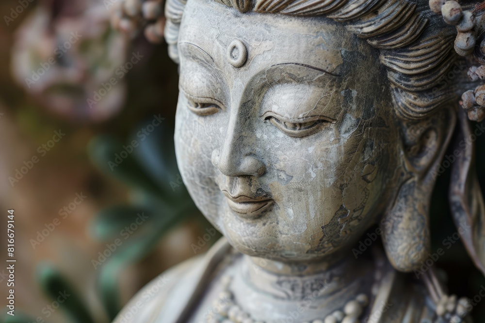 Closeup of a tranquil stone buddha statue's face with intricate details and textures Closeup of a tranquil stone buddha statue's face with intricate details and textures