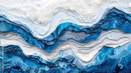 Abstract Blue and White Geode Layers Artwork. Features an abstract art piece resembling a geode with flowing layers of blue, white, and gray. The intricate patterns mimic natural rock formations, crea photo