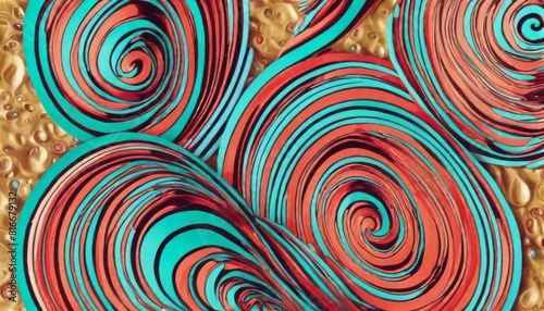 A striking abstract composition with swirling spirals and curves in shades of red and turquoise against a golden backdrop.. AI Generation