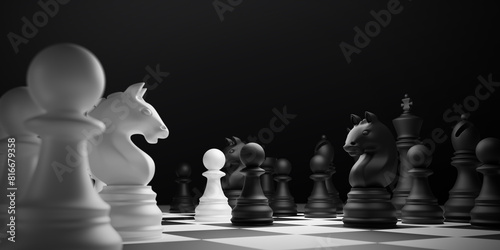 White and black chess pieces on chess board Business concept 3D render © ArtBackground
