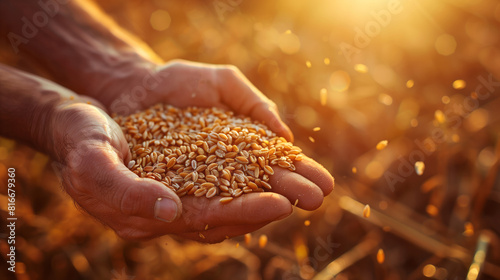 hands holding a grain of wheat against the background of a golden field at sunset. A farmer holds grain in his palms, preparing to plant it for harvest. © Anna