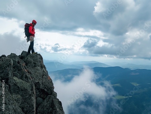 A climber in red gear stands on a rocky peak  overlooking a vast mountainous landscape under a cloudy sky. The image captures the essence of adventure  determination  and the beauty of nature