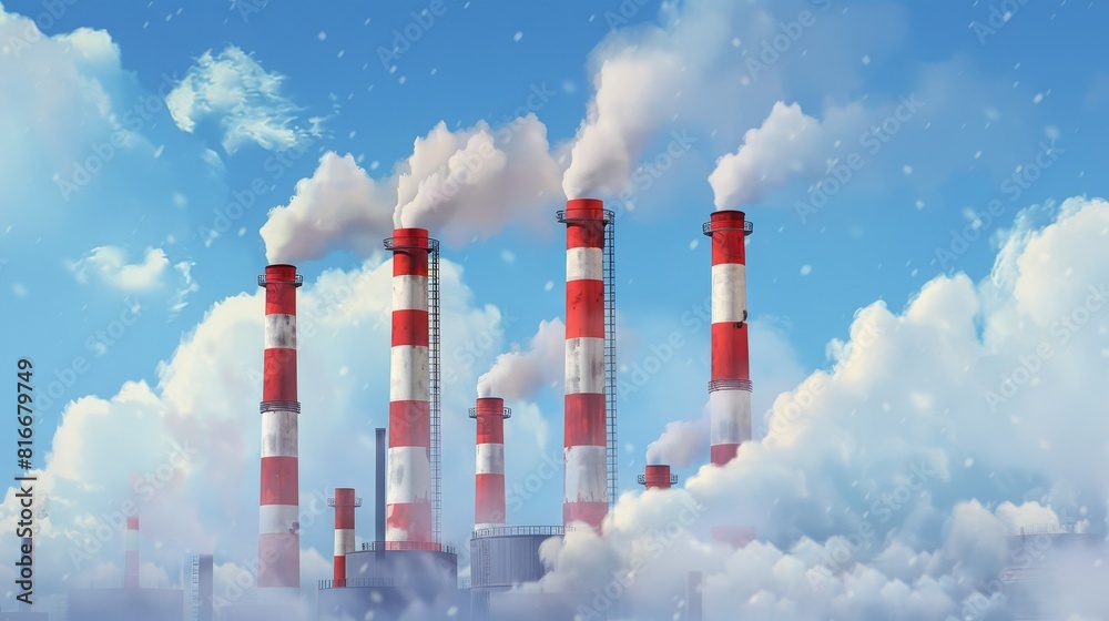 RED WHITE CHIMNEYS WITH SMOKE, PIPE WITH STEAM SET. Industrial smog