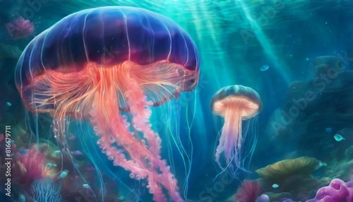 Majestic jellyfish swim in the deep sea, their luminous forms creating a mesmerizing and serene underwater scene.. AI Generation © Anastasiia