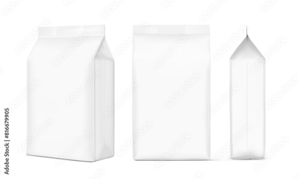 Vertical bag mockup. Flat bottom bag. Front, side, half side view. High realistic. Vector illustration isolated on white background. Ready for use in presentation, promo, advertising and more. EPS10. Vertical bag mockup. Flat bottom bag. Front, side, half side view. High realistic. Vector illustration isolated on white background. Ready for use in presentation, promo, advertising and more. EPS10.