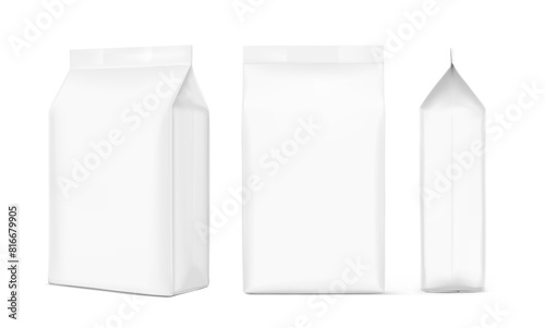 Vertical bag mockup. Flat bottom bag. Front, side, half side view. High realistic. Vector illustration isolated on white background. Ready for use in presentation, promo, advertising and more. EPS10.