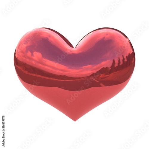 Chrome metallic 3d Bubble Balloon heart pink color, silver and mirror effect element vector mesh in transparent isolated background. Love shape refraction mirror icon.