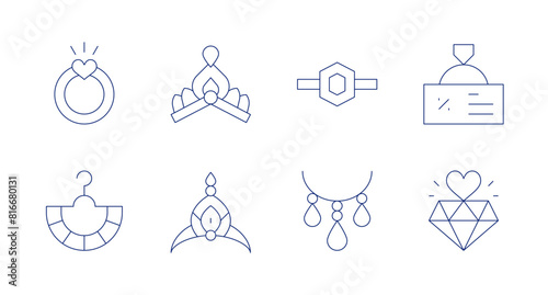 Jewelry icons. Editable stroke. Containing earrings, engagementring, sholaghar, ring, necklace, diamond, jewelry. photo