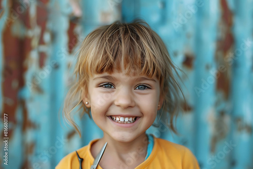 Happy caucasian girl child with scissors cuts off her hair, hooliganism and mischief child, child with a funny oblique haircut, child cut his hair photo