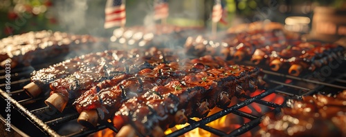 BBQ pit with smoking ribs and brisket, outdoor setting with American flags, rich smoky colors, detailed watercolor technique
