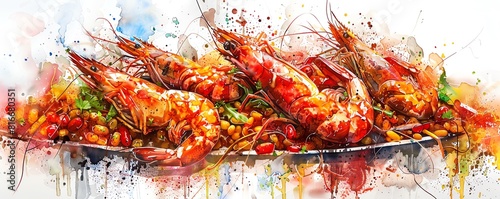 Cajun food platter from Louisiana, spicy shrimp and jambalaya, vivid reds and oranges, expressive watercolor photo