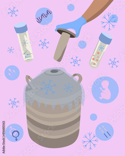 Vector isolated illustration of egg sperm freezing. Artificial insemination. Ovulation. Cryobank. Sperm bank.