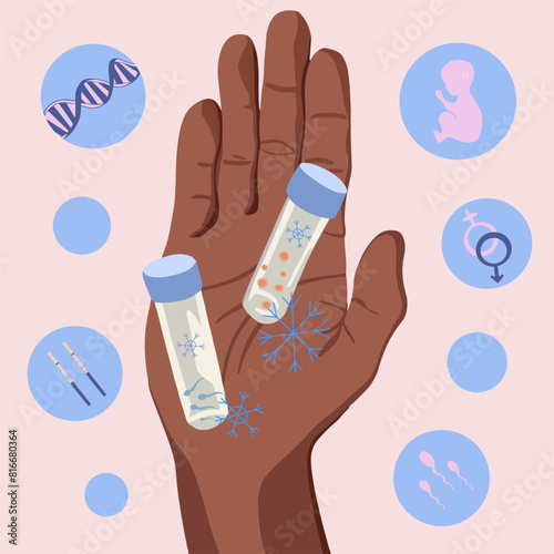 Vector isolated illustration of sperm and egg freezing. Egg donation. Egg and sperm in test tubes. In vitro fertilization. Artificial insemination.