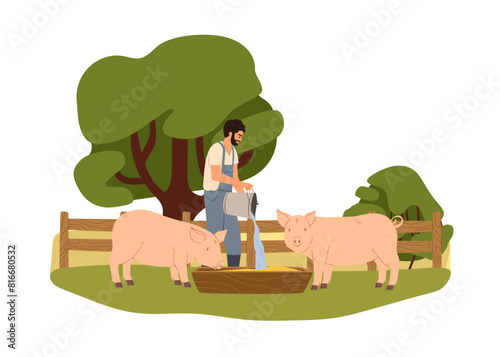 Farmer feeding pigs, caring for swine, giving feed. Man, farm worker pouring water in trough. Livestock breeding. Rural countryside work. Flat vector illustration isolated on white background