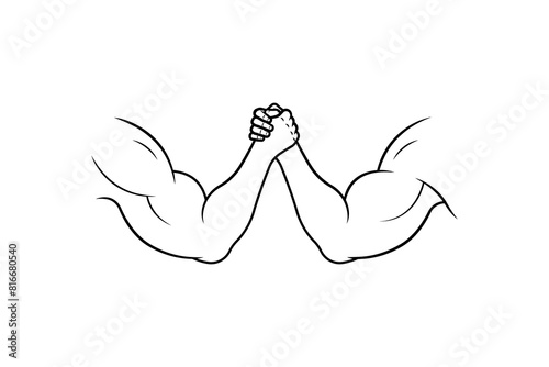 Arm wrestling fight line art isolate on white background.