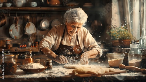 Grandmother rolling dough in a rustic kitchen, vintage sepia tones, detailed watercolor, warm and inviting atmosphere photo