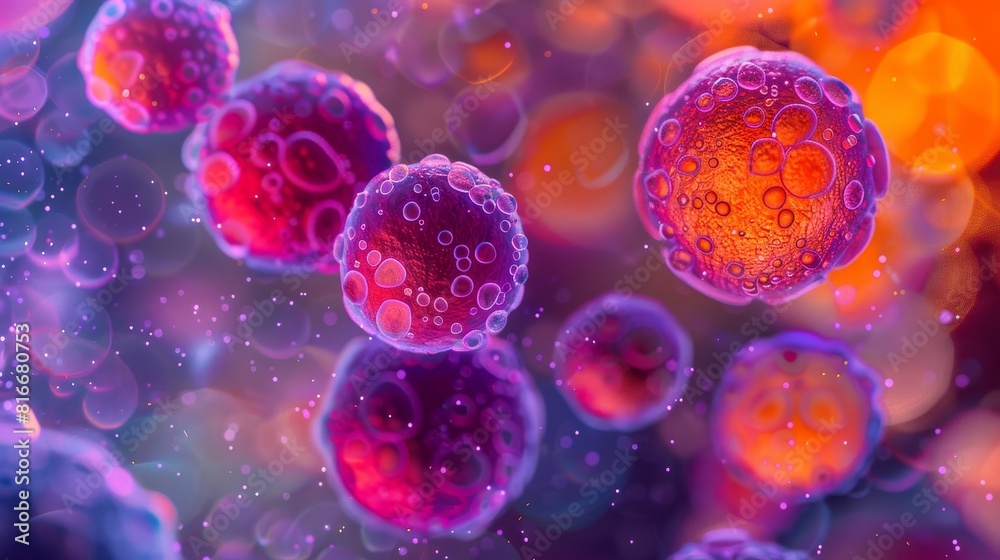High-clarity close-up of vibrant cellular images with nuclei, using a palette of red, orange, and purple, suited for medical advertising