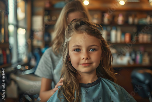 little cute girl getting his haircut by barber
