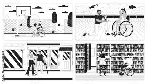 People with disability daily life black and white line illustrations. Regular activities of disabled 2D characters monochrome background. Inclusion culture scenes vector storytelling image collection
