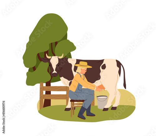 Milking cow. Milkmaid working with udder and bucket at farm. Dairy farmer, country milker. Rural outdoor scene. Countryside worker. Flat graphic vector illustration isolated on white background