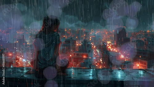  A lonely girl looking sad at a rainy city, lo-fi girl style, anime, manga style scenery, lofi girl vibes, relaxing music video style, seamless loop, 16:9 4K, Illustration