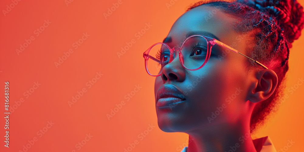 woman with glasses looking up, orange background, health care concept graphic, large copy space on the right side, banner design. the stock photo is well lit. in the style of unsplash photography woman with glasses looking up, orange background, health care concept graphic, large copy space on the right side, banner design. the stock photo is well lit. in the style of unsplash photography